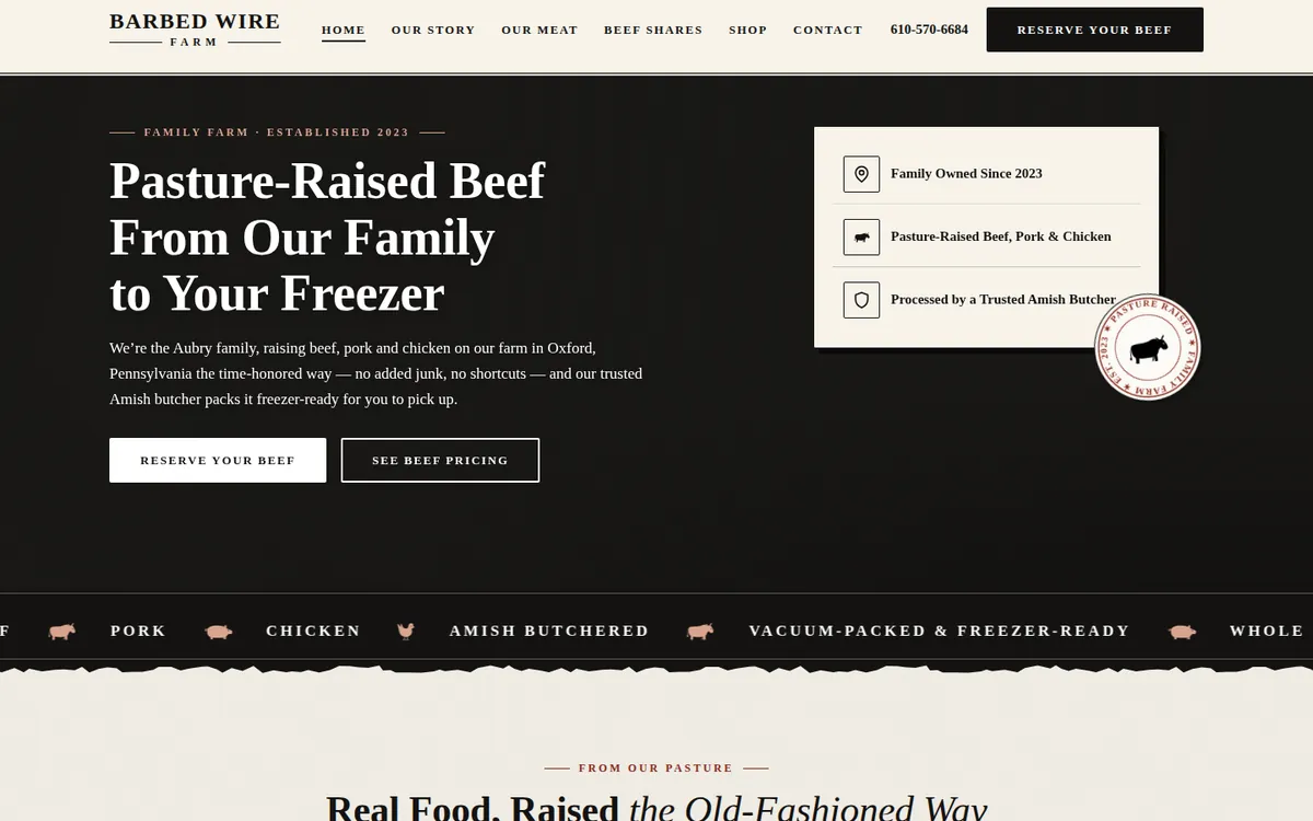 Barbed Wire Farm homepage: a family farm website in a newsprint style selling pasture-raised beef, pork and chicken