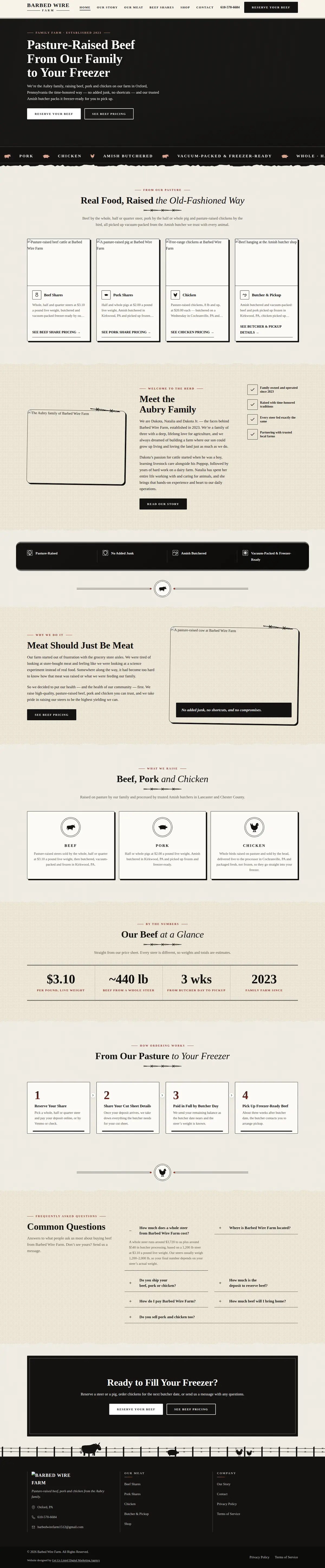 Barbed Wire Farm homepage: a family farm website in a newsprint style selling pasture-raised beef, pork and chicken