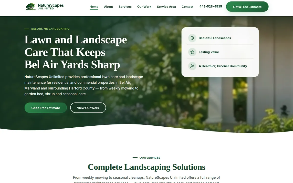 NatureScapes Unlimited homepage: a lawn and landscape company website with a garden photo hero and a free-estimate button