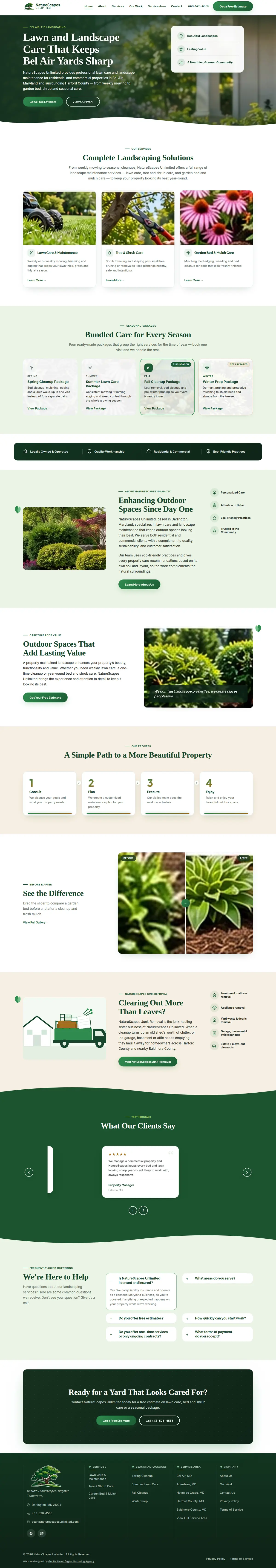 NatureScapes Unlimited homepage: a lawn and landscape company website with a garden photo hero and a free-estimate button