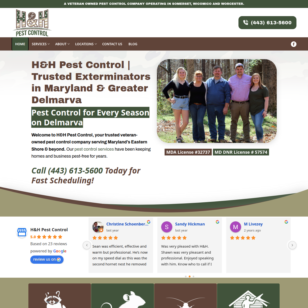 Homepage of the H&H Pest Control website
