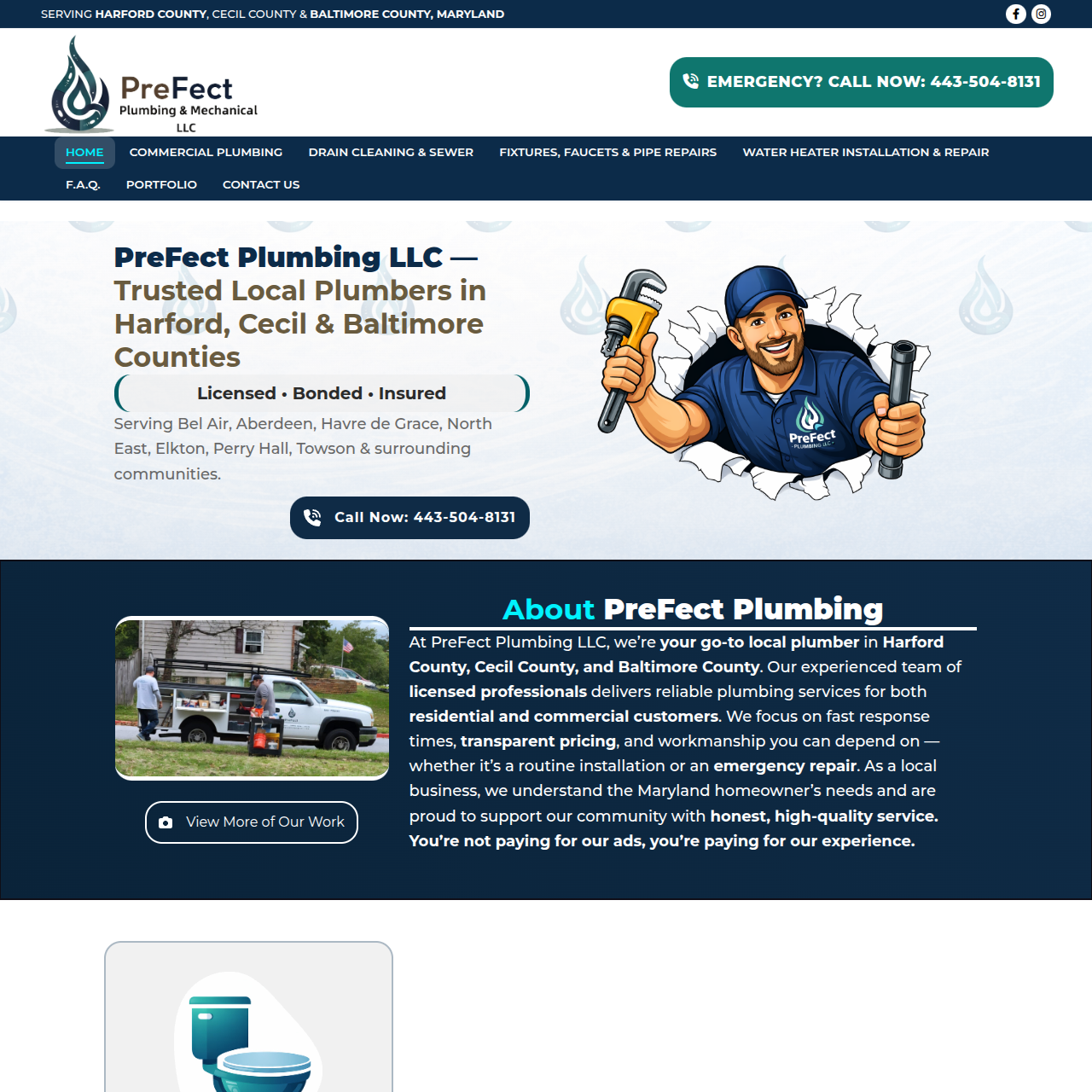 Homepage of the PreFect Plumbing LLC website