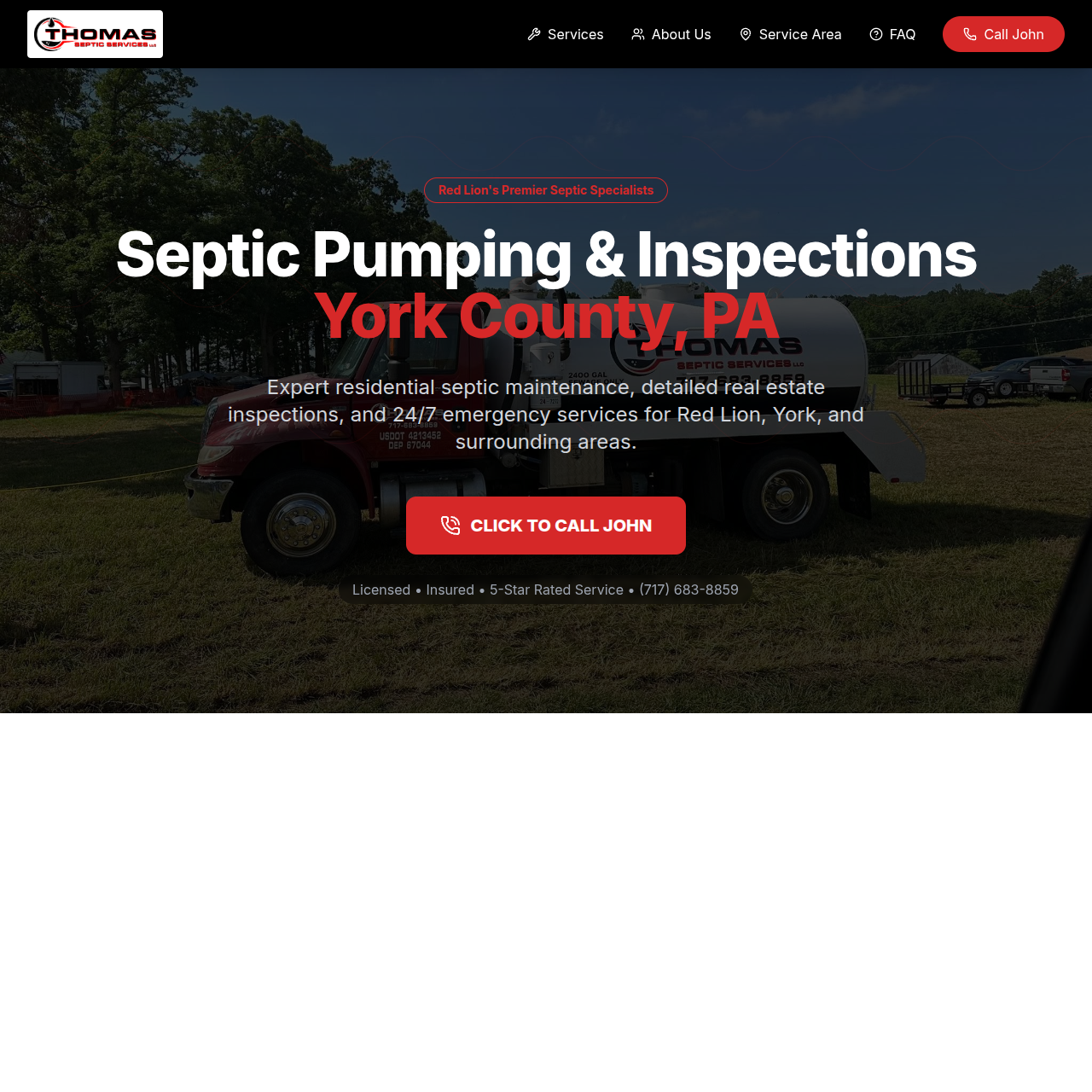 Homepage of the Thomas Septic Services website