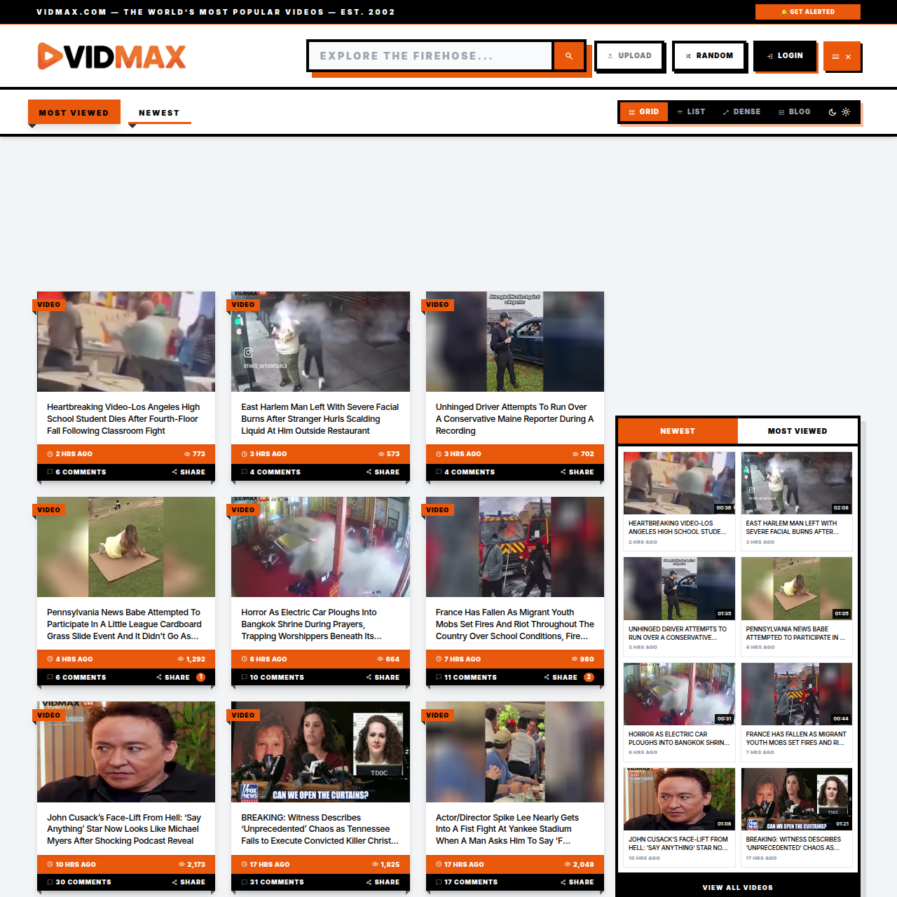 Homepage of the Vidmax Videos website